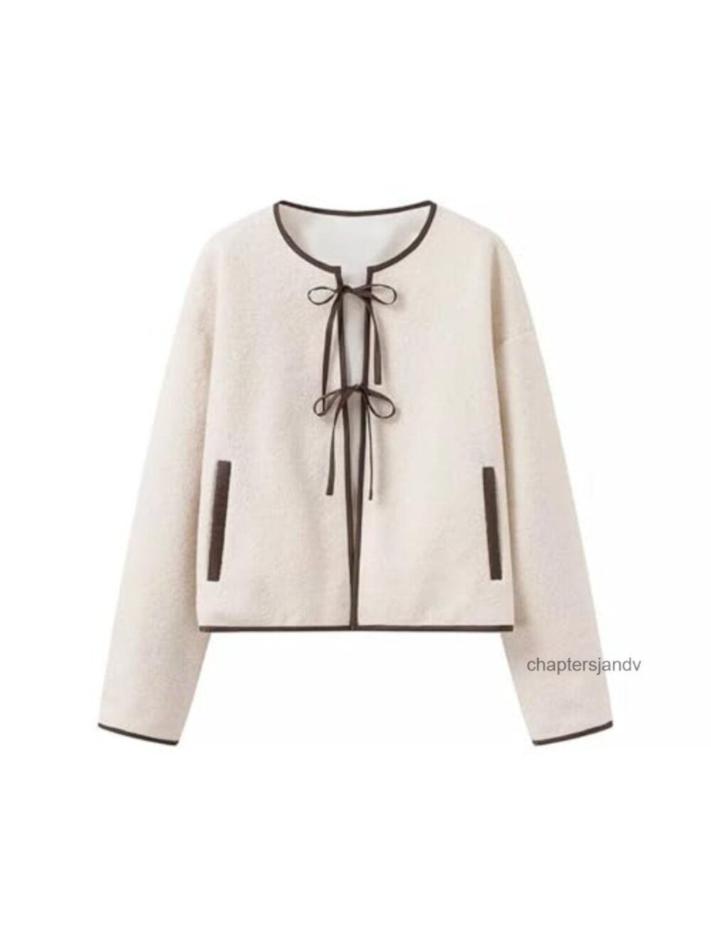 Fuzzy Faux Fur Teddy Cardigan Tie Front Bow Crewneck Long Sleeve